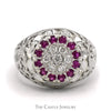 Ruby & Diamond Kentucky Cluster Ring with Open Filigree Sides in 10k White Gold - Thumbnail 1