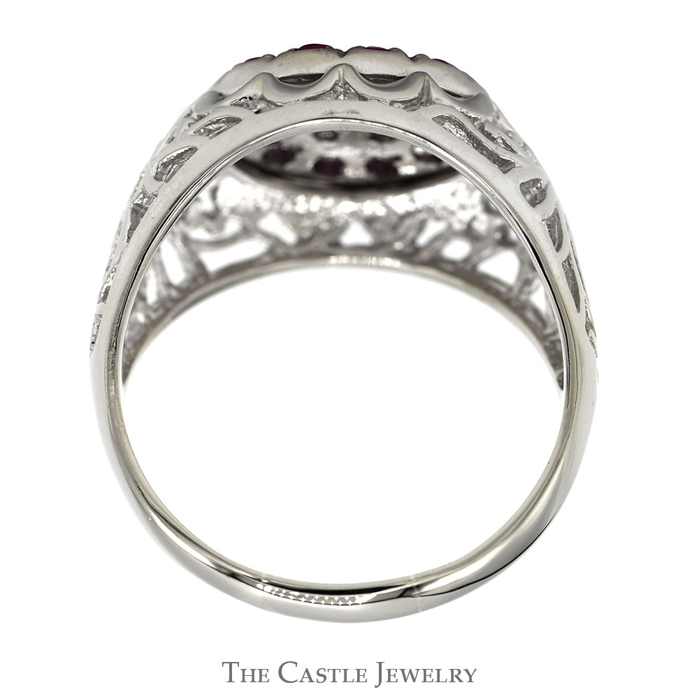 Ruby & Diamond Kentucky Cluster Ring with Open Filigree Sides in 10k White Gold