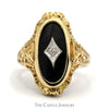 Elongated Oval Black Onyx Shield Ring with Diamond Accent in 10k Yellow Gold - Thumbnail 1