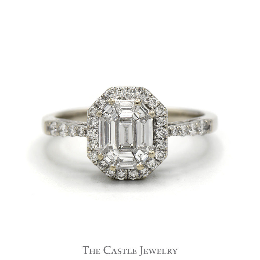 1cttw Baguette Diamond Cluster Engagement Ring with Diamond Halo & Accented Sides in 14k White Gold