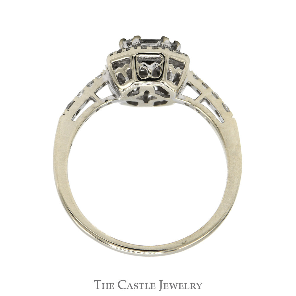 1cttw Baguette Diamond Cluster Engagement Ring with Diamond Halo & Accented Sides in 14k White Gold