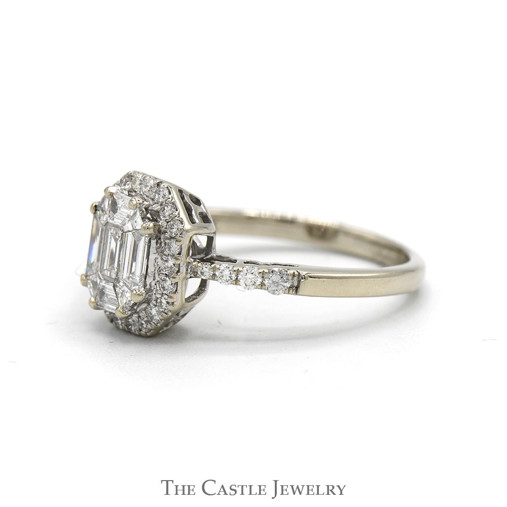 1cttw Baguette Diamond Cluster Engagement Ring with Diamond Halo & Accented Sides in 14k White Gold