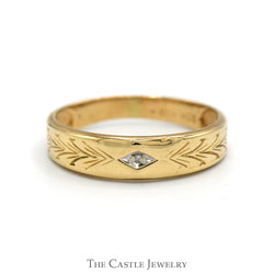 Tapered Wedding Band with Ornate Engraving and Diamond Accent in 10k Yellow Gold