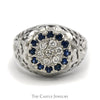 Sapphire & Diamond Kentucky Cluster Ring with Open Filigree Sides in 10k White Gold - Thumbnail 1