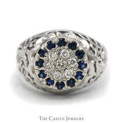 Sapphire & Diamond Kentucky Cluster Ring with Open Filigree Sides in 10k White Gold