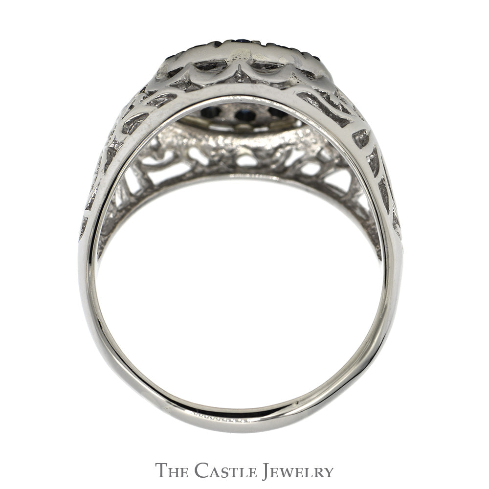 Sapphire & Diamond Kentucky Cluster Ring with Open Filigree Sides in 10k White Gold