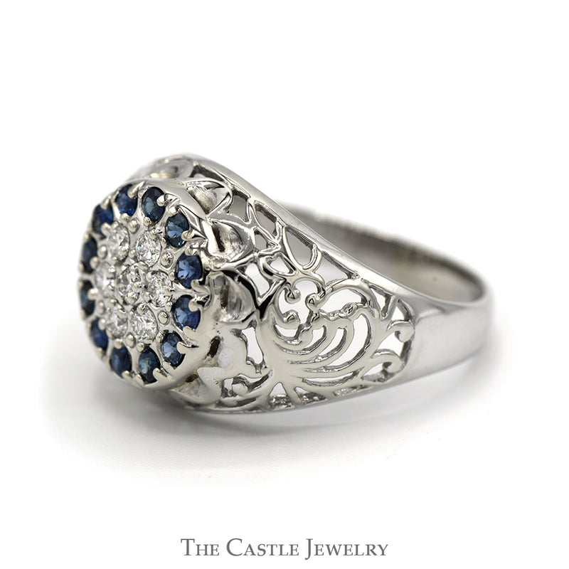 Sapphire & Diamond Kentucky Cluster Ring with Open Filigree Sides in 10k White Gold