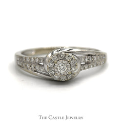 Round Diamond Cluster Ring with Diamond Accented Sides in 10k White Gold Split Shank Swirled Setting