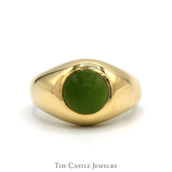 Round Green Jade Dome Men's Ring with Polished Sides in 14k Yellow Gold