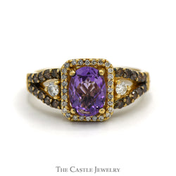 Le Vian Oval Amethyst Designer Ring with Diamond Halo and Chocolate Diamond Sides in 14k Yellow Gold