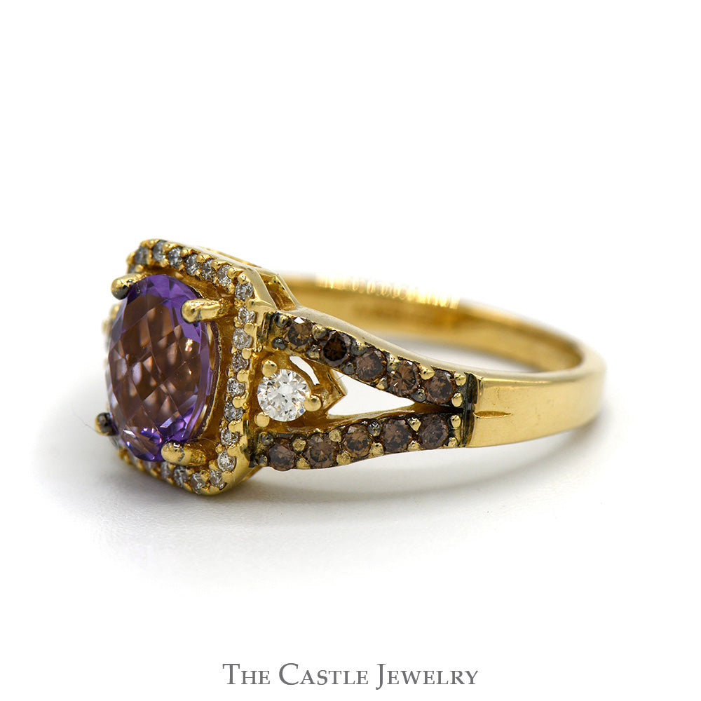 Le Vian Oval Amethyst Designer Ring with Diamond Halo and Chocolate Diamond Sides in 14k Yellow Gold