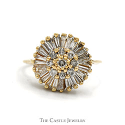 3/4cttw Round Diamond Cluster Ring with Baguette Cut Diamond Halo in 10k Yellow Gold