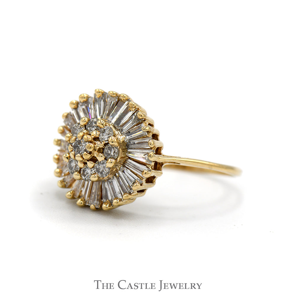 3/4cttw Round Diamond Cluster Ring with Baguette Cut Diamond Halo in 10k Yellow Gold