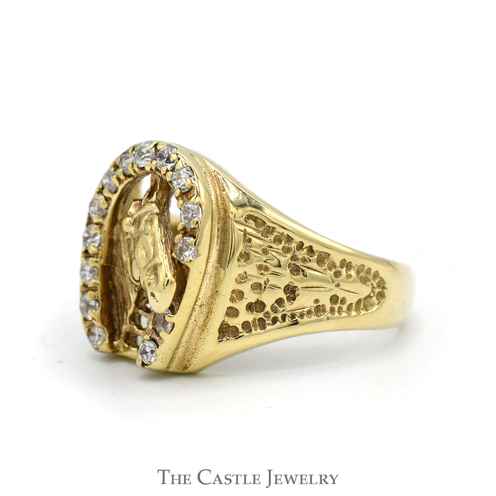 Men's Horseshoe Ring with Horse Head Center and Cubic Zirconia Accents in 10k Yellow Gold