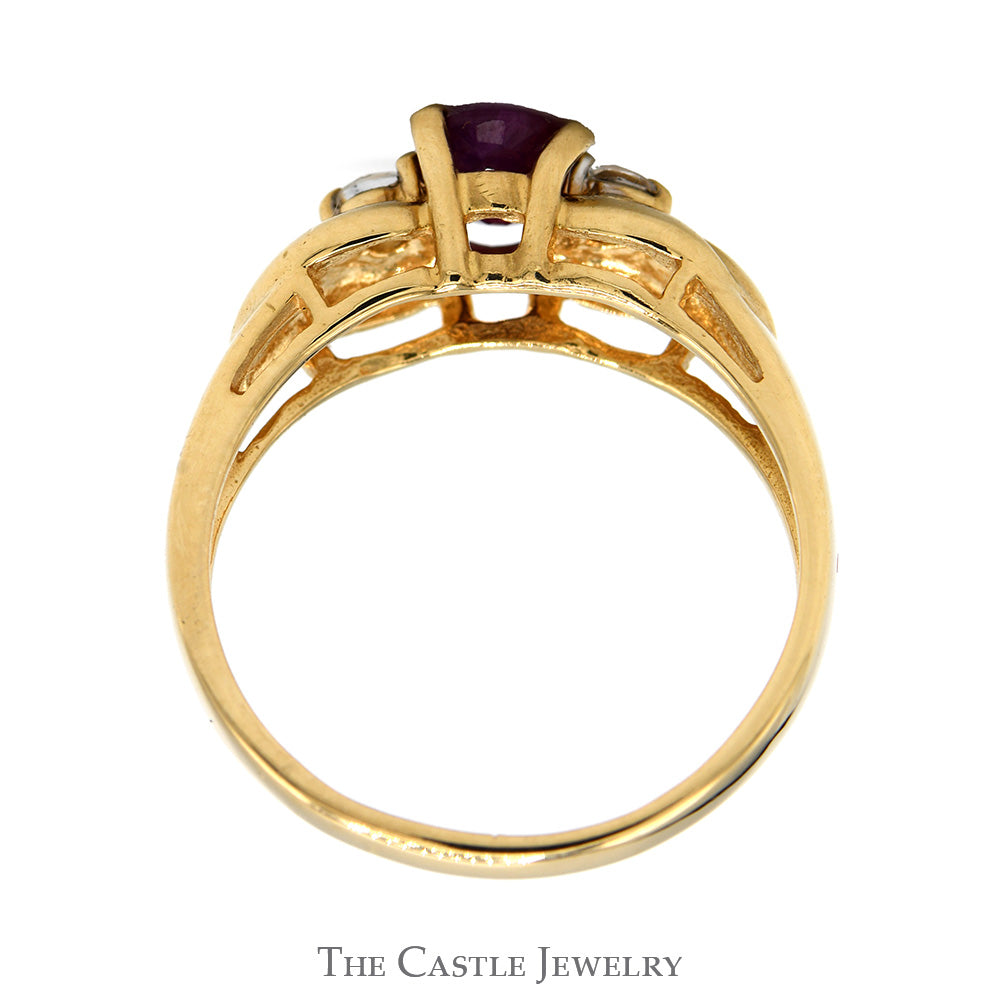 Oval Cut Ruby Ring with White Sapphire Accented Sides in 14k Yellow Gold