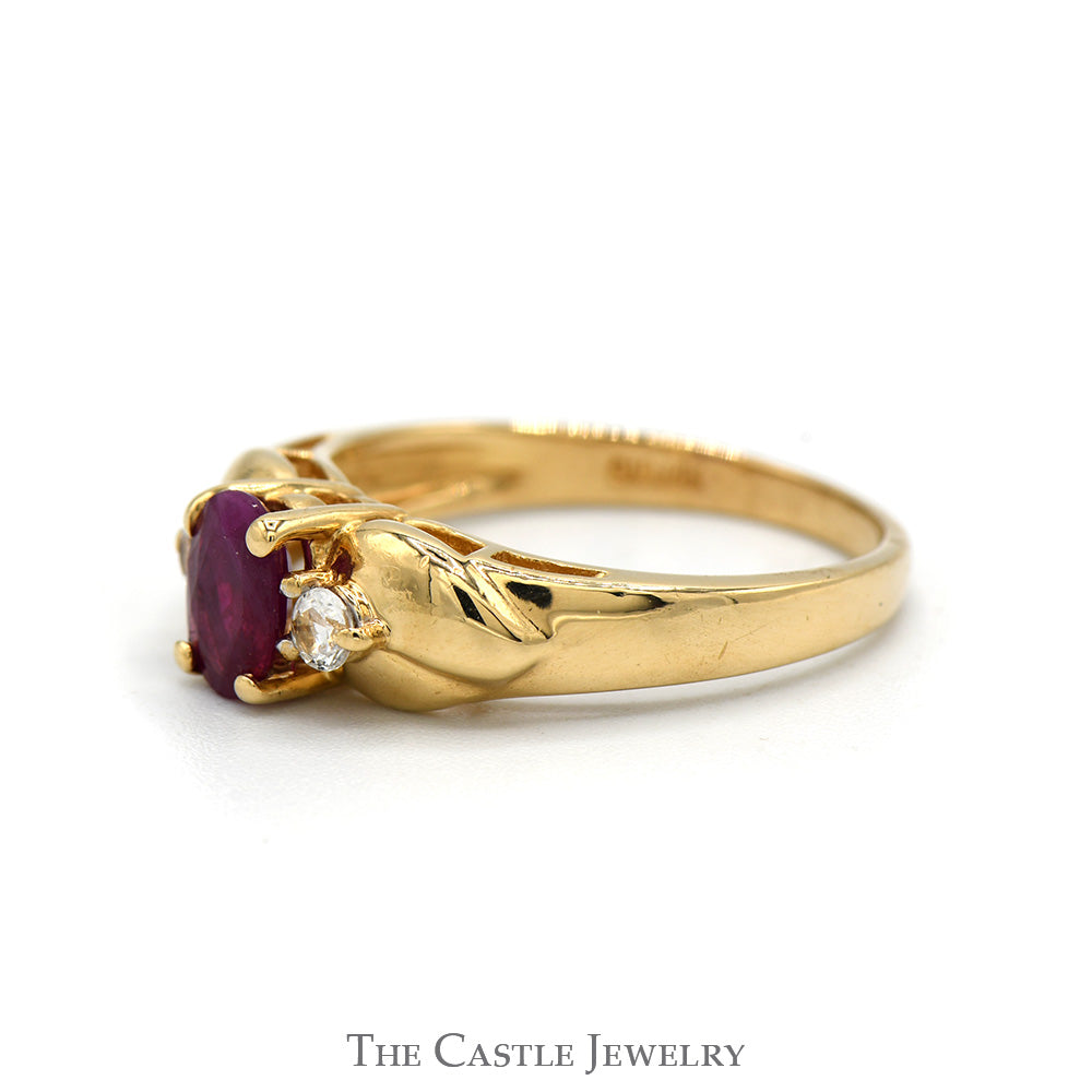 Oval Cut Ruby Ring with White Sapphire Accented Sides in 14k Yellow Gold