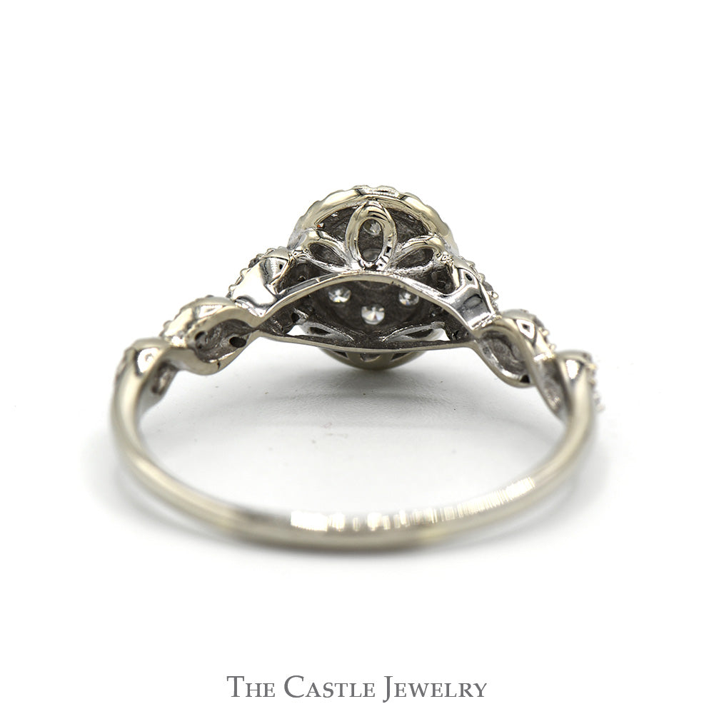 1/2cttw Oval Shaped Round Diamond Cluster Ring with Accented Twisted Sides in 10k White Gold Cathedral Mounting