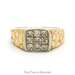 Square Shaped 1/2cttw Diamond Cluster Ring with Textured Nugget Sides in 10k Yellow Gold