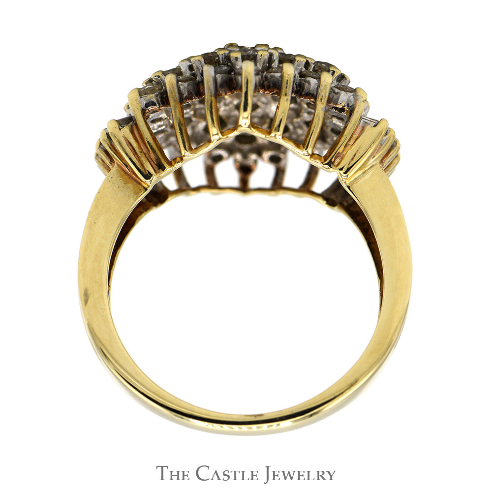 1.75cttw Large Diamond Cluster Ring with Round and Baguette Diamonds in 10k Yellow Gold