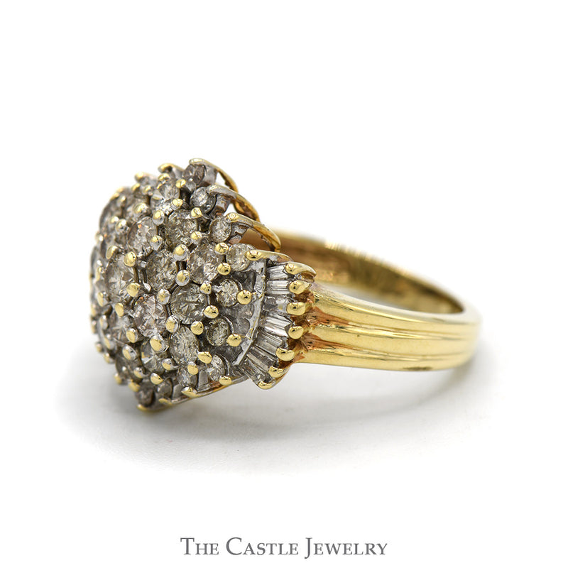 1.75cttw Large Diamond Cluster Ring with Round and Baguette Diamonds in 10k Yellow Gold