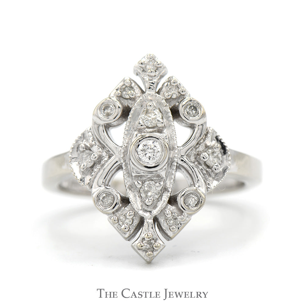Antique Style 1/4cttw Diamond Cluster Shield Ring in 10k White Gold