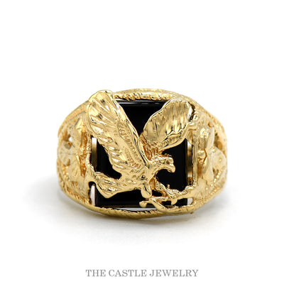 10k yellow gold men's black onyx eagle ring — top view