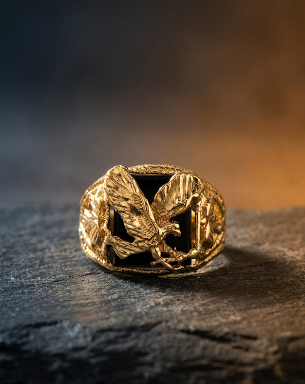 Men's Black Onyx Eagle Ring with Leaf Design Sides in 10k Yellow