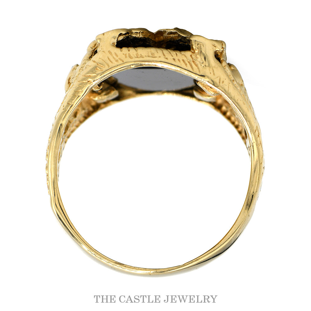 Men's Black Onyx Eagle Ring with Leaf Design Sides in 10k Yellow
