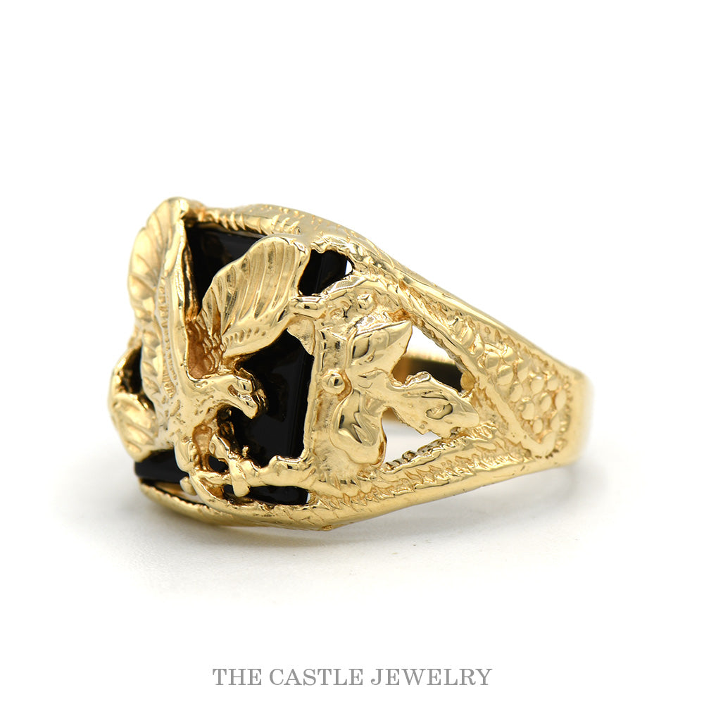 Men's Black Onyx Eagle Ring with Leaf Design Sides in 10k Yellow