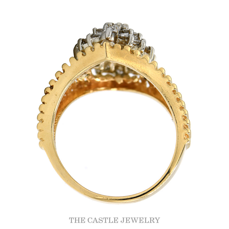 Marquise Shaped Diamond Cluster with Textured Ridged Sides in 14k Yellow Gold