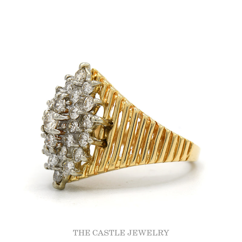 Marquise Shaped Diamond Cluster with Textured Ridged Sides in 14k Yellow Gold