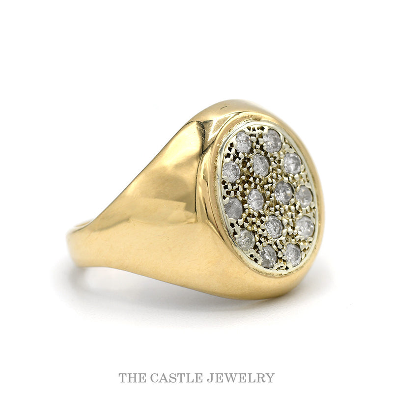 Side profile of the men's oval diamond cluster signet ring showing the polished shoulder