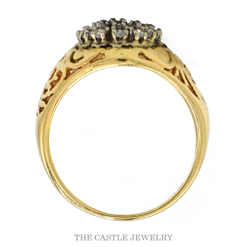 Front-facing view of the 10k yellow gold filigree diamond ring