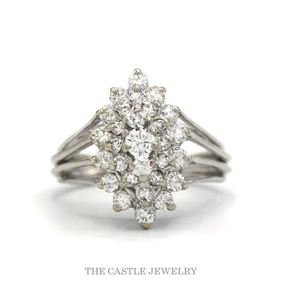 14k white gold triple split shank round diamond cluster ring — top view