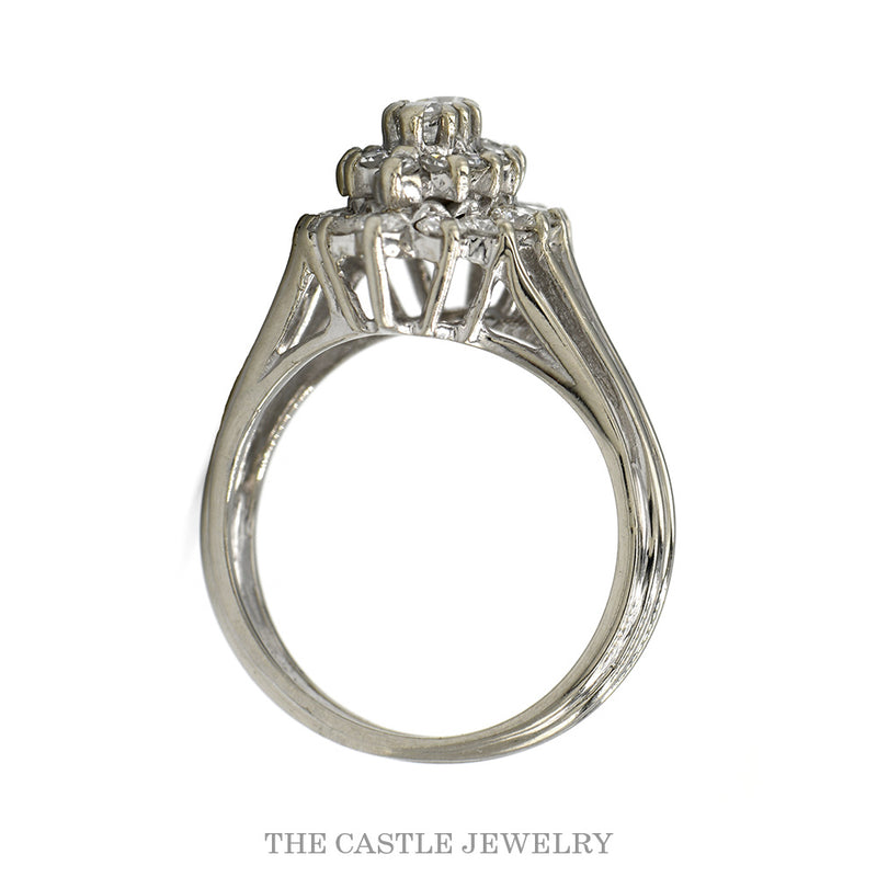 Front-facing view of the navette diamond cluster ring with a triple split shank in 14k white gold