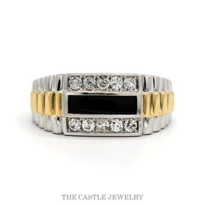 14k two-tone men's black onyx ring with diamond edges and watch-link sides — top view