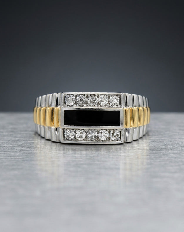 Men's Black Onyx Ring with Diamond Edges and Luxury Watch-Link Sides in 14k Two-Tone Gold
