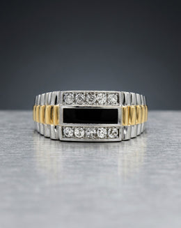 Men's Black Onyx Ring with Diamond Edges and Luxury Watch-Link Sides in 14k Two-Tone Gold