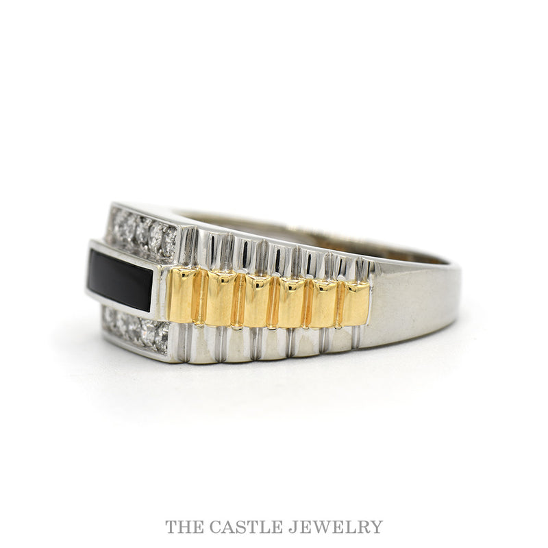 Side profile of the 14k two-tone onyx ring showing watch-link shoulder design