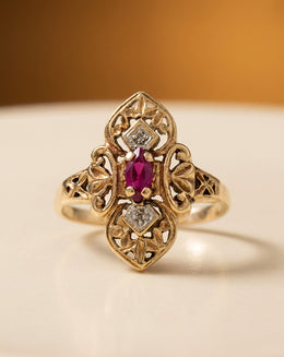 Marquise Synthetic Ruby Filigree Navette Ring with Diamond Accents in 14k Yellow Gold