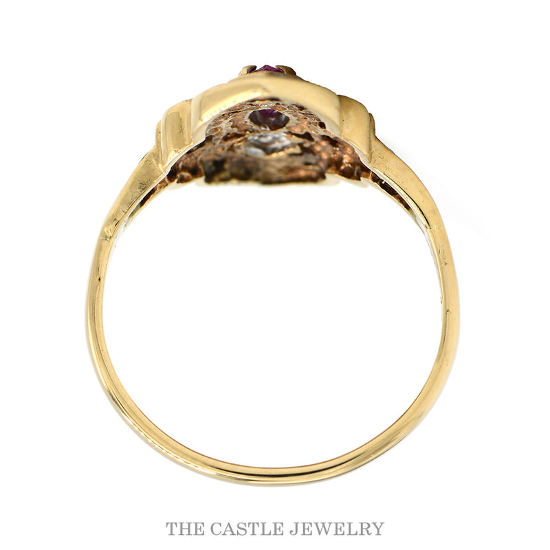 Front-facing view of the 14k yellow gold filigree ruby ring