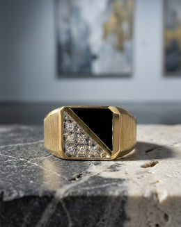 Men's Black Onyx and 0.10cttw Diamond Split Face Ring in 14k Yellow Gold