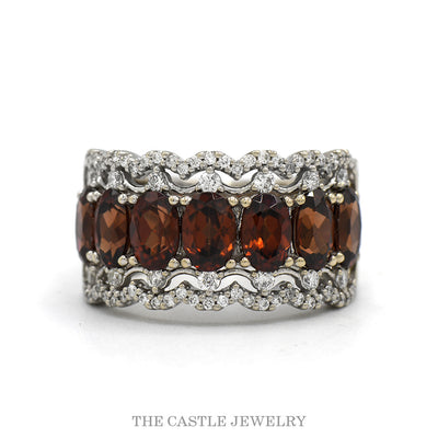 14k white gold seven oval cognac zircon band with diamond lace borders — top view