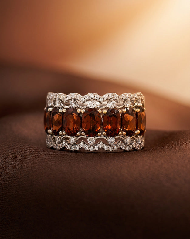 Seven Oval Cognac Zircon Band with 0.47cttw Diamond Lace Borders in 14k White Gold