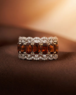 Seven Oval Cognac Zircon Band with 0.47cttw Diamond Lace Borders in 14k White Gold