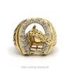10k yellow gold diamond horseshoe ring with horse head — top view - Thumbnail 1