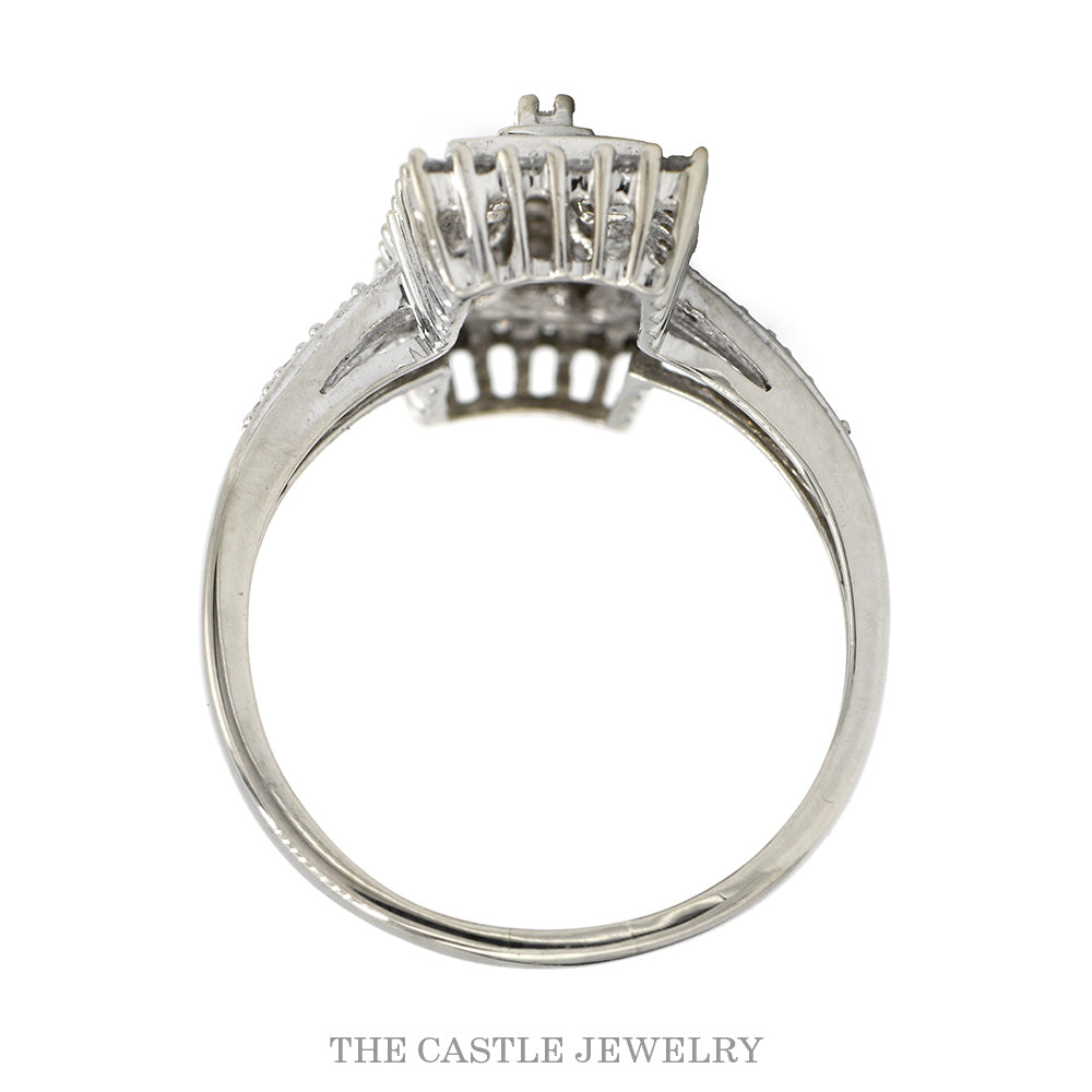 10K White Gold 1/2cttw Round Baguette Diamond Cluster Rectangle Halo Ring