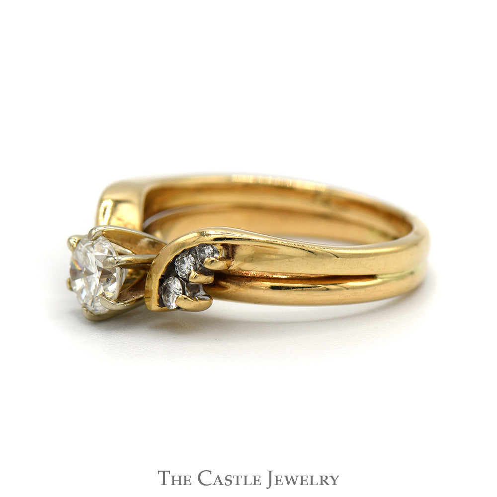 Round Brilliant Cut Diamond Bridal Set with Diamond Accented Soldered Band in 14k Yellow Gold