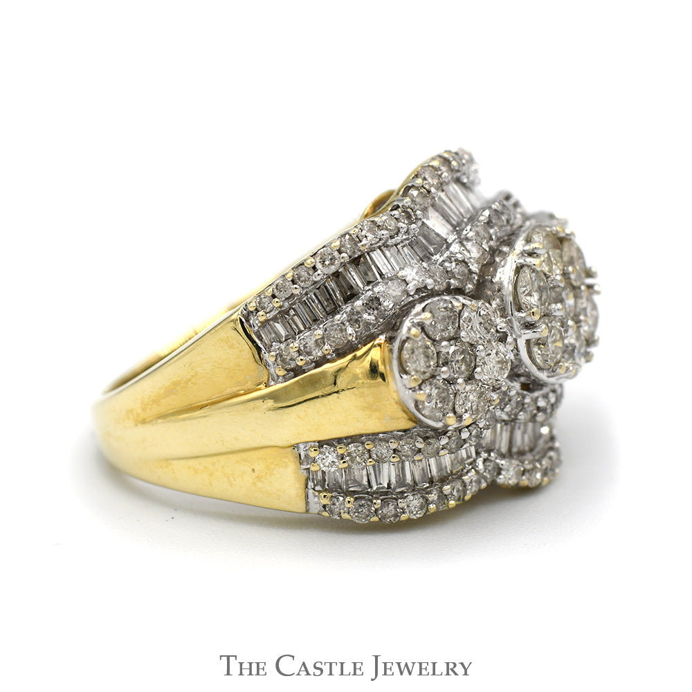 3cttw Triple Round Cluster Ring with Baguette Cut Accents in Tapered 10k Yellow Gold Mounting