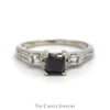 Princess Cut Black Diamond Engagement Ring with Round & Baguette Diamond Accents in 14k White Gold - Thumbnail 1